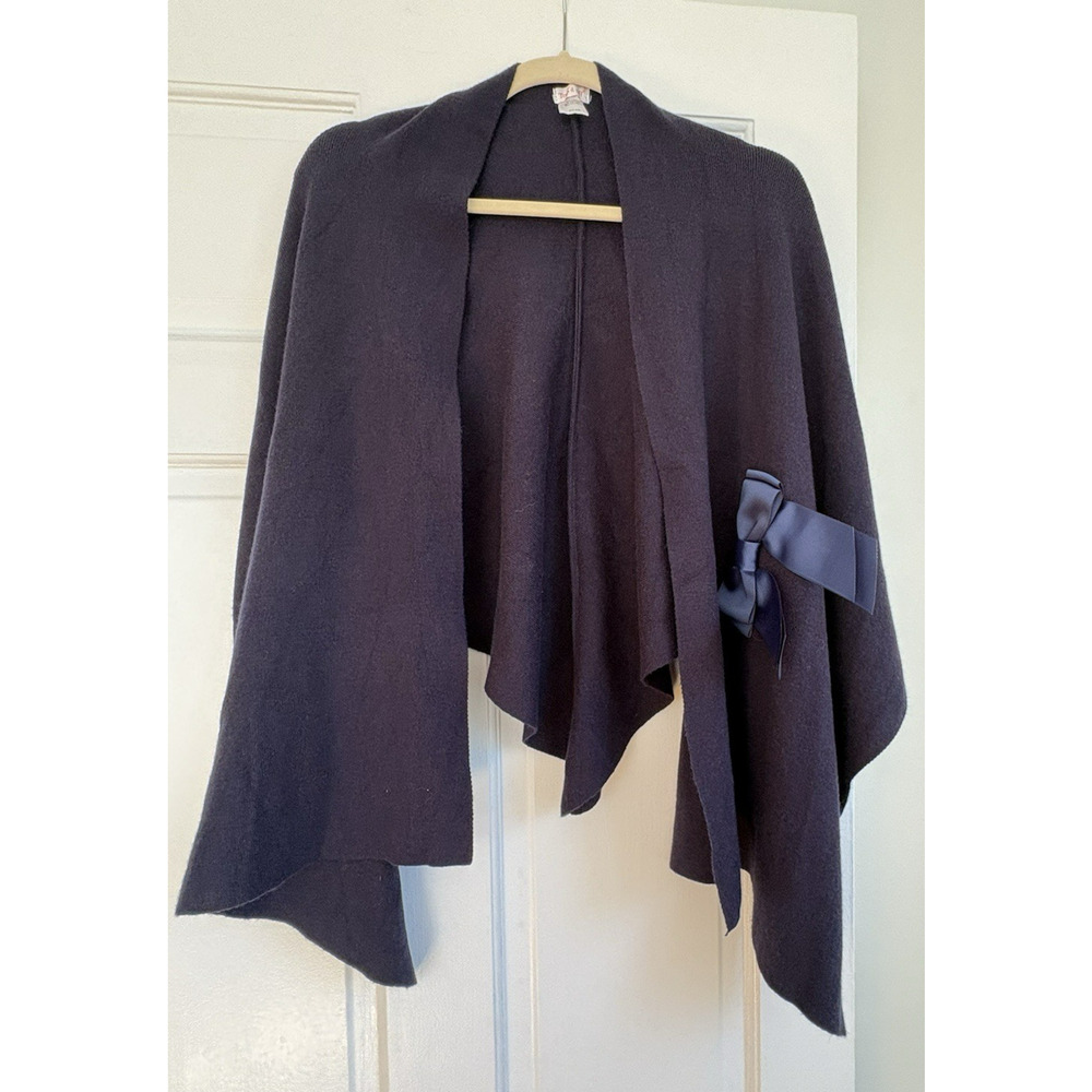 Top It Off Navy Blue Knit Shawl Wrap with Ribbon Bow Accent One Size